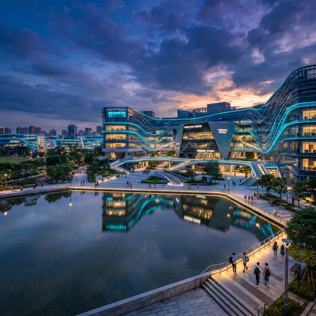 Kampus teknologi STIKOM Tunas Bangsa yang megah saat blue hour